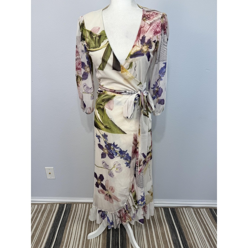 Ganni Tilden Floral Mesh Wrap Midi Dress Women's 38 Multicolor Ruffle Hem
